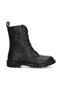 Bottines en cuir noir à lacets avec trois ornements en forme d'étoile et deux petits points teal près de la semelle sur fond blanc.