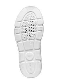 Suola di scarpa in gomma bianca con motivi testurizzati, fori di drenaggio e un emblema circolare etichettato "BREVETTO ITALIANO" e "GEOX" visibili.