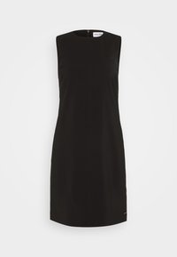 Sort ærmeløs kjole med høj halsudskæring, lige snit, subtile syninger og lynlås i ryggen. Inkluderer logo-accents.