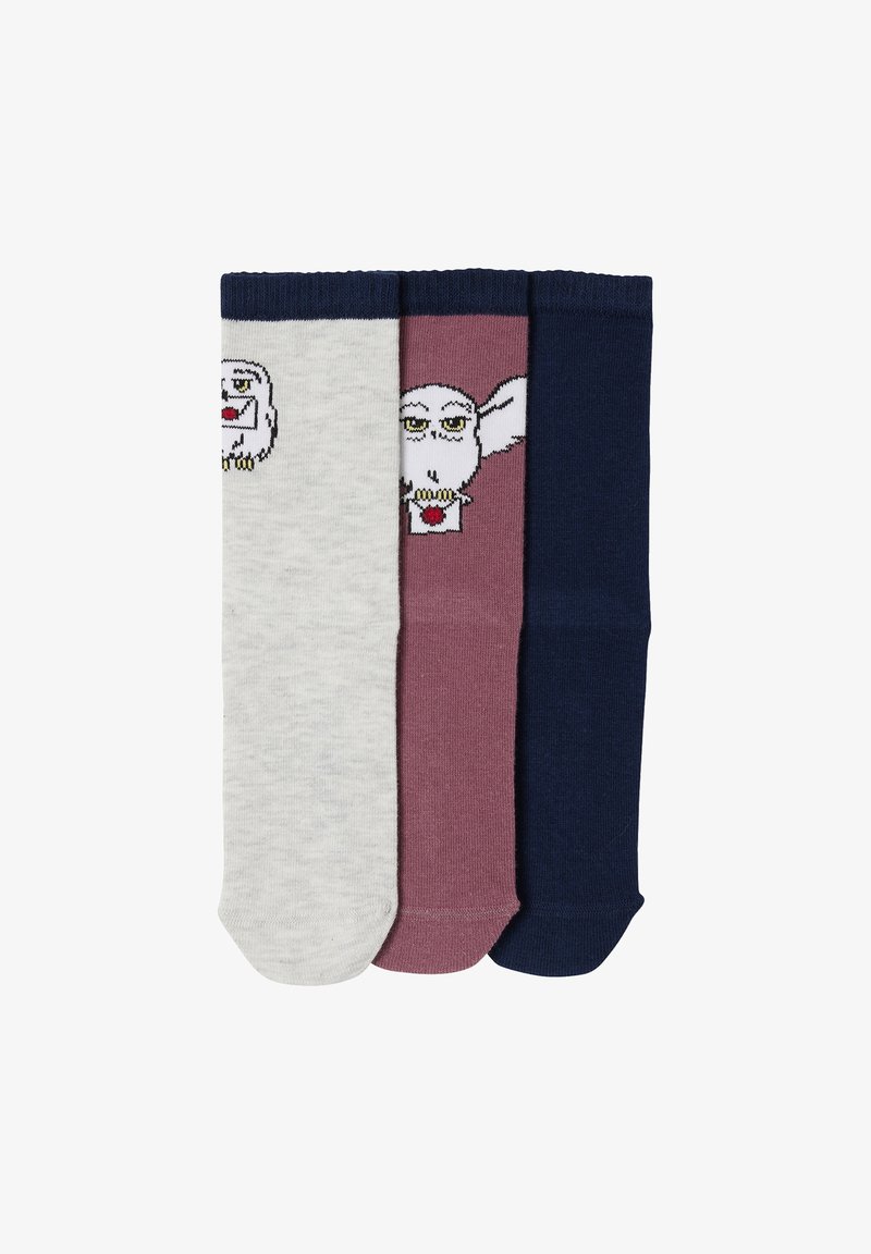 Three folded socks in gray, mauve, and navy blue; gray and mauve socks have white owl faces with yellow eyes and red beaks.