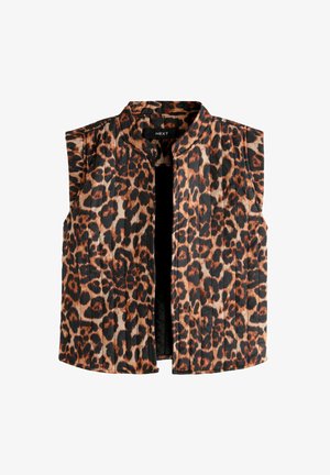 Gilet sans manches imprimé léopard avec un col montant, présentant des nuances de marron et de noir sur un fond clair et un ourlet droit.
