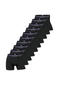 Musta bokserihousut, jotka on valmistettu pehmeästä puuvillasta ja joissa on kontrastina harmaa vyötärönauha, jossa on logo. Yksitoista paria esitettynä rivissä.