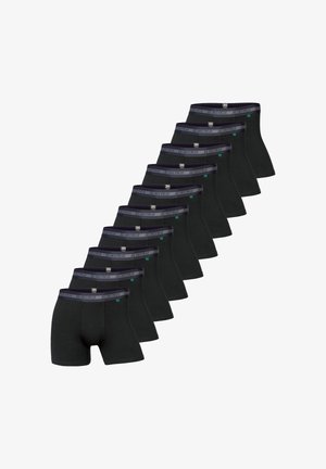 Zwarte boxershorts van zacht katoen, met een contrasterende grijze tailleband met een logo. Elf paar uitgestald in een rij.