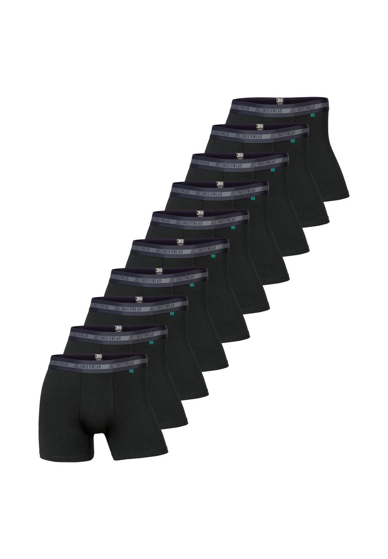 Musta bokserihousut, jotka on valmistettu pehmeästä puuvillasta ja joissa on kontrastina harmaa vyötärönauha, jossa on logo. Yksitoista paria esitettynä rivissä.