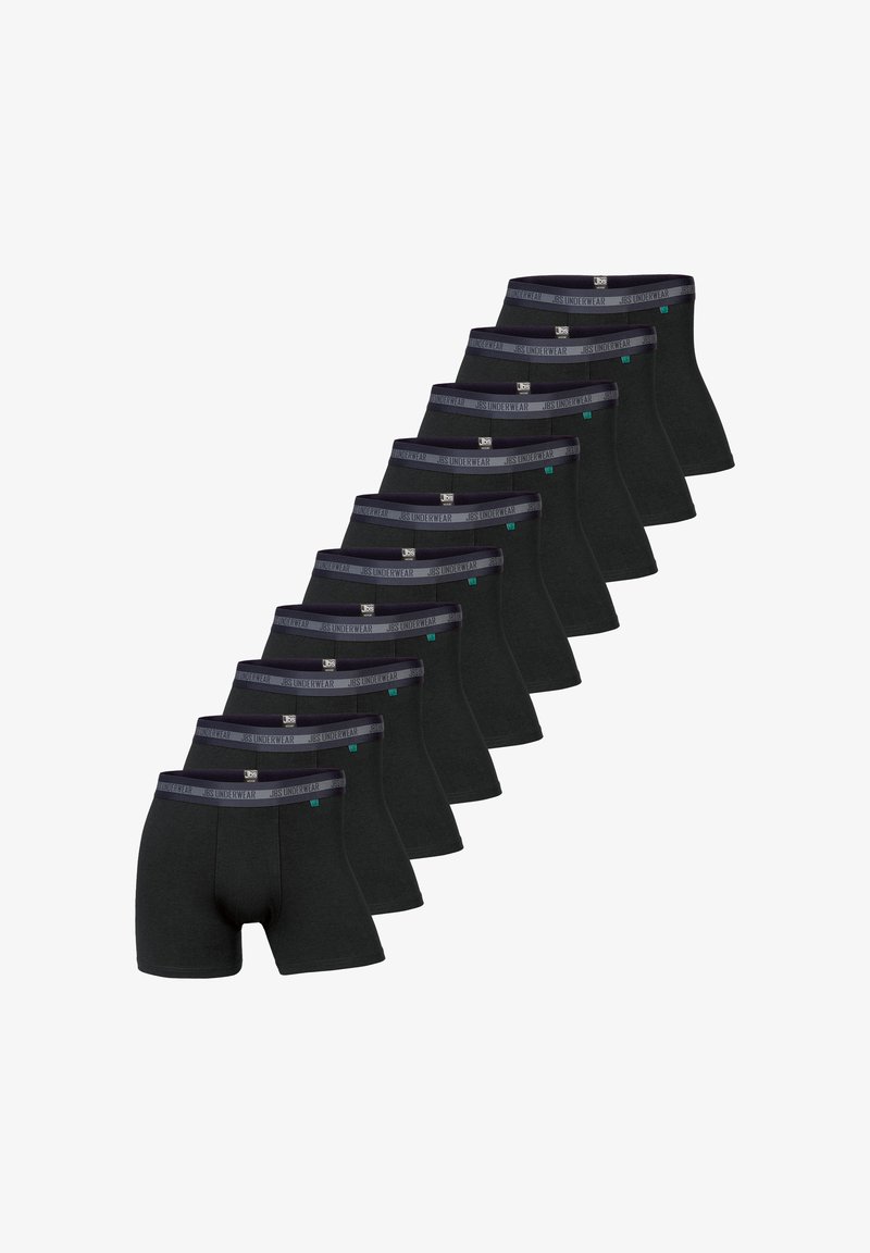 Musta bokserihousut, jotka on valmistettu pehmeästä puuvillasta ja joissa on kontrastina harmaa vyötärönauha, jossa on logo. Yksitoista paria esitettynä rivissä.