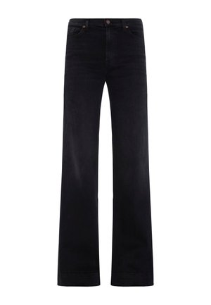 Schwarze weit geschnittene Jeans aus Denim, mit hoher Taille, Vordertaschen und einem klassischen Fünf-Taschen-Design sowie dezenten Stickdetails.