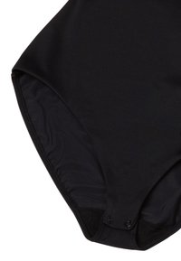 Svart bodysuit med en strukturerad yta. Har hög skärning, tryckknappar i botten och en slät innerfoder.