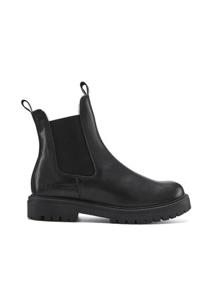 Black leather Chelsea boot with elastic side panels, pull tabs, and a chunky rubber sole featuring a patterned tread. Smooth texture overall.