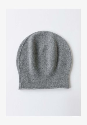 Beanie in lana grigia con una texture liscia, forma rotonda e design senza cuciture. Presenta un leggero depth per il comfort. Stile piatto e semplice.