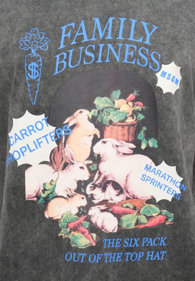Harmaa puuvillapaita, jossa on värikäs graafinen kuva kaneista vihannesten ympärillä, sinisellä tekstillä ja leikkisillä suunnitteluelementeillä.