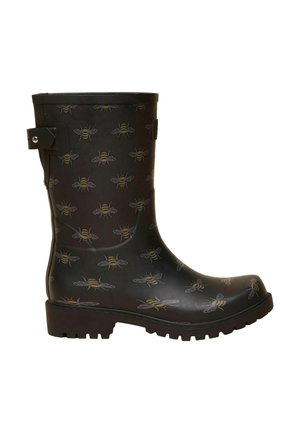 Schwarzer Gummiregenstiefel mit einem Muster aus gelben und grauen Bienen, mit profilierter Sohle und verstellbarem Riemen hinten.
