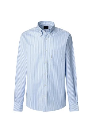 Hellblau und weiß gestreiftes Langarmhemd, Button-Down-Kragen, Brusttasche auf der linken Seite, aus einem Stoff mit glatter Textur.