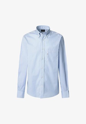 Lichtblauw en wit gestreept overhemd met lange mouwen, met een button-down kraag, voorzakje aan de linkerkant van de borst, gemaakt van stof met een gladde textuur.