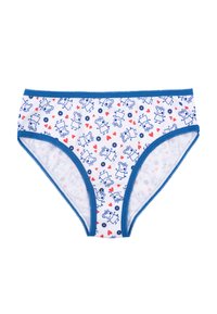 Baumwollunterwäsche für Kinder mit blauen Akzenten, die ein bedrucktes Muster aus Cartoonfiguren, Blumen und Herzen auf einem weißen Hintergrund zeigt.