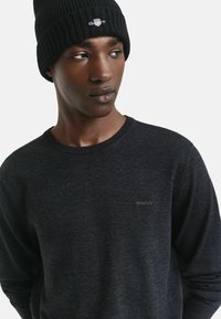 Jonge man met een zwarte gebreide beanie met een logo en een donkergrijze GANT sweater met ronde hals, kijkend naar links.