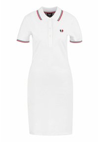 Weisses Polo-Kleid mit einem Kragen in Rot, Grün und Blau, kurzen �Ärmeln und einem kleinen Logo auf der Brust.