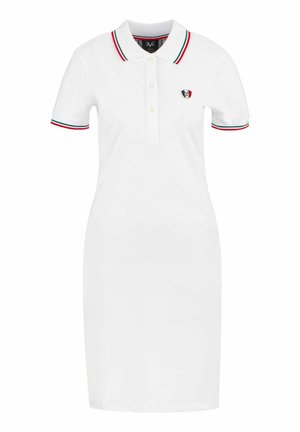 Witte polo jurk met een kraag met rode, groene en blauwe strepen, korte mouwen en een klein logo op de borst.