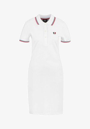 Weisses Polo-Kleid mit einem Kragen in Rot, Grün und Blau, kurzen Ärmeln und einem kleinen Logo auf der Brust.