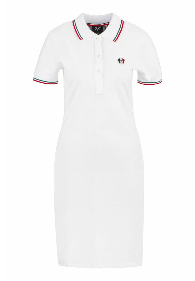 Weisses Polo-Kleid mit einem Kragen in Rot, Grün und Blau, kurzen Ärmeln und einem kleinen Logo auf der Brust.