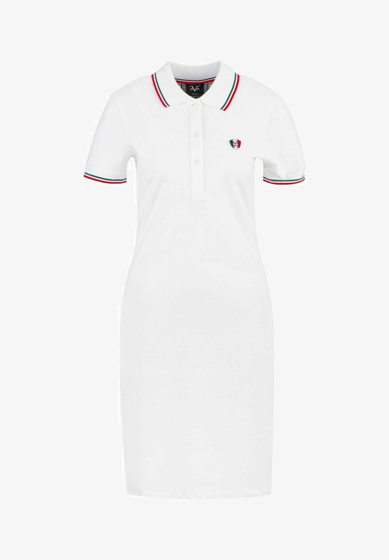 Weisses Polo-Kleid mit einem Kragen in Rot, Grün und Blau, kurzen Ärmeln und einem kleinen Logo auf der Brust.