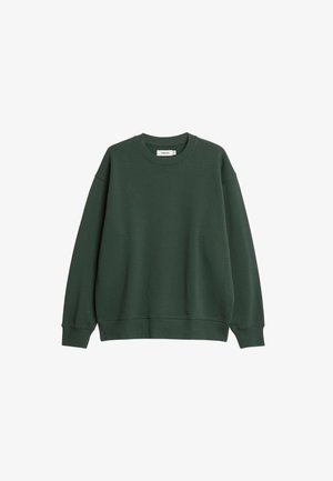 Zielona bluza wykonana z mieszanki bawełny, z okrągłym dekoltem, długimi rękawami, prążkowanymi mankietami i paskiem u dołu oraz luźnym krojem.