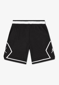 Black athletic shorts made of mesh fabric, featuring a white elastic waistband, white accents, and a logo on the lower left side.