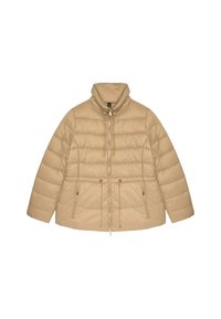 Beige puffjacka med hög krage, sidofickor med dragkedja, elastiska snoddar i midjan och quiltad textur. Isolerad design.