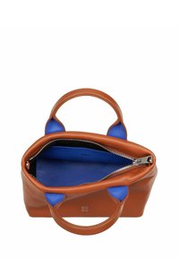 Borsa a mano in pelle marrone con accenti blu, apertura con zip e manici doppi. L'interno presenta un compartimento in pelle blu. Texture liscia.