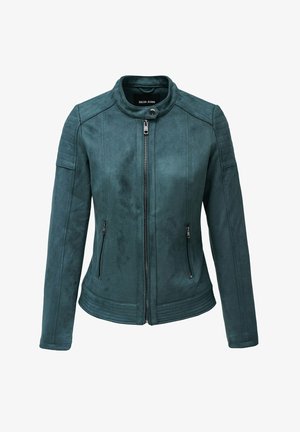 Chaqueta de ante sintético en color azul verdoso, con cierre de cremallera, cuello redondo, dos bolsillos frontales con cremallera y detalles acanalados en los hombros y el dobladillo.