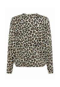Langärmliges Oberteil im Leopardenmuster, mit beigem Hintergrund und schwarzen sowie braunen Flecken. Aus weichem Stoff und mit lockerer Passform.