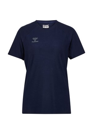 Marineblå t-shirt med korte ærmer lavet af åndbart stof, med en rund halsudskæring og et lille logo på den øverste venstre bryst.