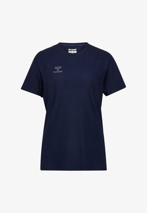 Marineblå t-shirt med korte ærmer lavet af åndbart stof, med en rund halsudskæring og et lille logo på den øverste venstre bryst.