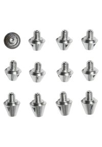 Set of 12 metal cone-shaped screws with threaded tops and smooth, shiny silver finish. Each screw has a triangular cutout detail on the sides.
