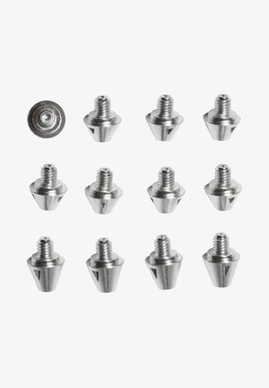 Juego de 12 tornillos metálicos en forma de cono con parte superior roscada y acabado liso y brillante en plata. Cada tornillo tiene un detalle de corte triangular en los laterales.