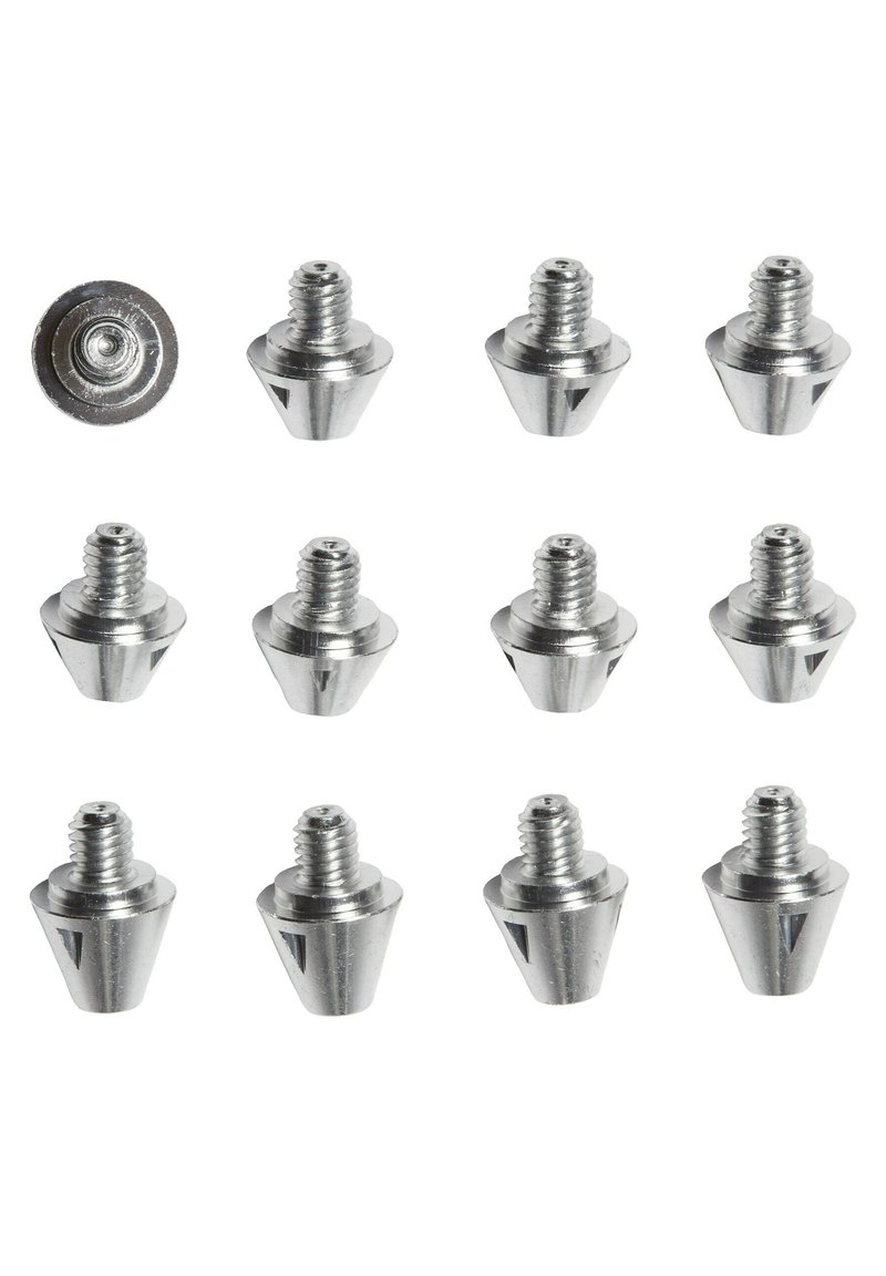 Set of 12 metal cone-shaped screws with threaded tops and smooth, shiny silver finish. Each screw has a triangular cutout detail on the sides.