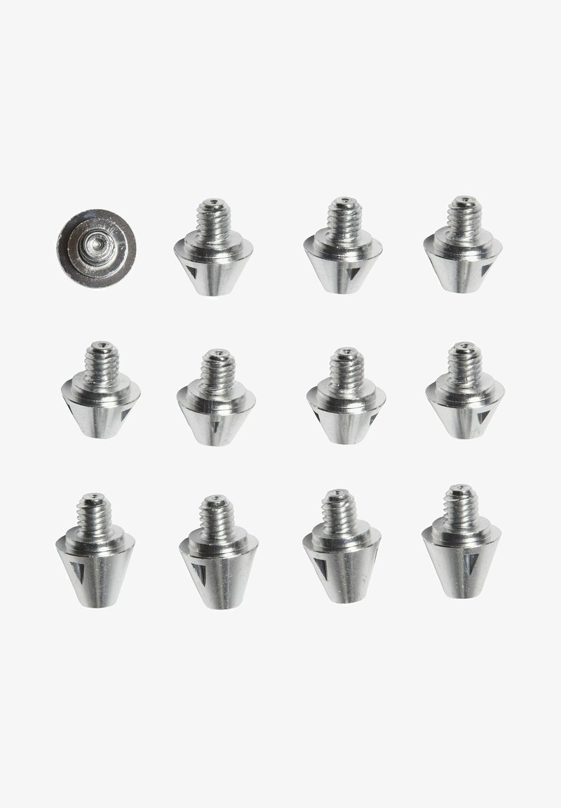 Set aus 12 metallen Schrauben in Kegelform mit Gewindeoberen und glatter, glänzender silberner Oberfläche. Jede Schraube hat ein dreieckiges Ausschnittdetail an den Seiten.