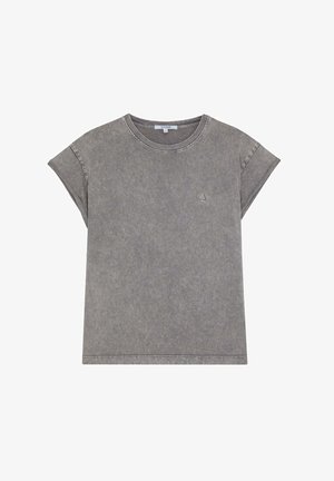 Graues Baumwoll-T-Shirt mit Rundhalsausschnitt, umgeschlagenen kurzen Ärmeln und einem dezent gestickten Logo auf der Brust. Weicher Stoff und lässige Passform.