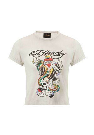 T-shirt en coton gris clair à manches courtes, arborant un imprimé coloré de style tatouage représentant un crâne, un aigle et des serpents, avec les inscriptions "Ed Hardy" et "New York City".