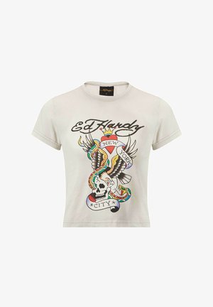 T-shirt a maniche corte in cotone grigio chiaro con una stampa colorata in stile tatuaggio che raffigura un teschio, un'aquila e serpenti, con "Ed Hardy" e "New York City."