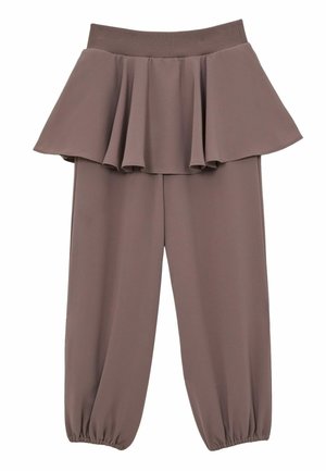 Pantalones marrones de pierna ancha con puños elásticos y una superposición de falda con volantes en la cintura.