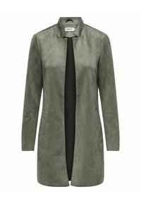 Lange, vorne offene Jacke aus weichem, olivgrünem Kunstwildleder. Mit Kragen und langen Ärmeln sowie dezenten Seitentaschen.