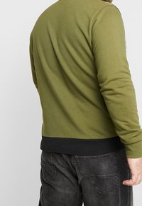 Felpa verde oliva con una vita nera a coste, maniche lunghe e una texture liscia. Presenta un design sottile sul retro.