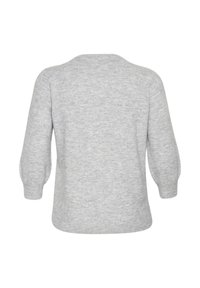 Light gray knitted sweater, featuring a crew neck, three-quarter puff sleeves, and a soft texture with a smooth finish on the back.