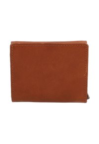 Rudas odinis piniginė su lygiu paviršiumi, stačiakampio formos ir kontrastinėmis siūlėmis. Turi užverčiamą dizainą, užtikrinantį saugų uždarymą.