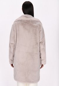 Cappotto in pelliccia sintetica di un morbido beige, con una vestibilità comoda, colletto ampio e maniche lunghe. Il tessuto ha una texture liscia e soffice.