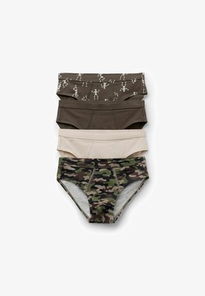 Quatre paires de slips pour garçons empilés, avec motif squelette, marron uni, beige et camouflage vert sur fond blanc.