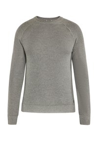 Harmaat neulottu neulepaita, jossa on pitkät raglanhihojat, pyöreä kaula-aukko, ribbauspäät ja -helma, jossa on tekstuuri ja pieni logo-yksityiskohta sivulla.