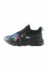 Black athletic shoe with a colorful graphic pattern on the upper, textured fabric, mesh panels, and a rubber sole. Features a blue heel accent.