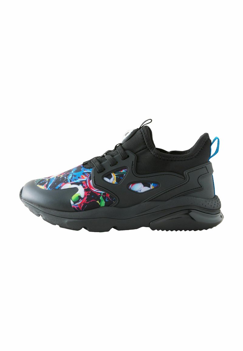 Black athletic shoe with a colorful graphic pattern on the upper, textured fabric, mesh panels, and a rubber sole. Features a blue heel accent.