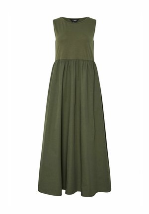 Vestido maxi sin mangas en verde oliva con un escote redondeado y cintura fruncida para una silueta fluida. Fabricado con una tela suave y liviana.